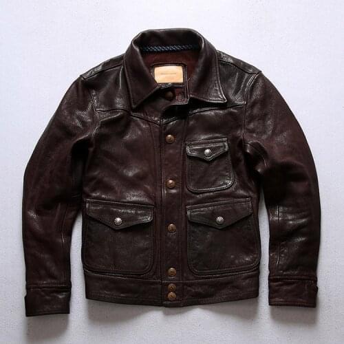 YR!Free shipping.mens brand Vintage brown goatskin jacket.short slim tanned oil leather coat.luxury quality leather clothes