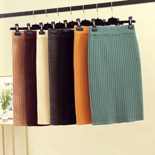 2020 Elastic Womens Pencil Skirt Autumn Winter High Waist Warm Elegant Knitted Midi Skirt Ribbed Ladies Party Skirts Plus Size