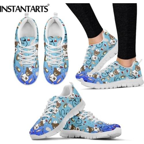 INSTANTARTS Womens Sneakers Nurse Shoes Cute Gradient Cartoon Nurses Bear Print Mesh Breath Flats Shoes Lace-up Sapato Feminino