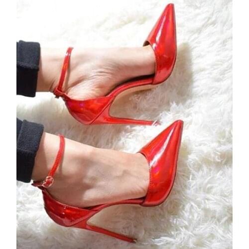 Moraima Snc Ankle Strap High Heel Shoes Woman Pointed Toe Sexy Pumps Red Patent leather Stiletto heels