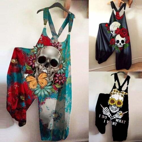 Jumpsuit Women Summer 2021 Overalls Fashion Ethnic Style Retro Halloween Skull Print Suspenders Jumpsuit Pants Trousers Overalls