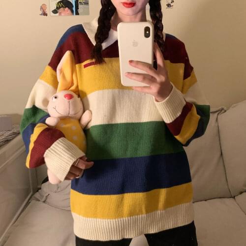 2020 Autumn and Winter Striped Sweater Womens New Loose Lazy Style Student All-match Long-sleeved Knitting Tops