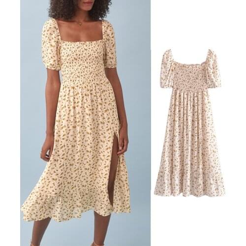 2021 Summer Vintage Floral Print Chiffon Dress Za Women Elegant Square Neck Sexy Slits Female Summer Holiday Dresses