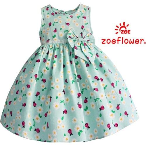 Zoeflower New Summer Girls Cartoon beetles Printed Bowknot O-neck Sleeveless Cotton Woven Princess Quality long Vest Dresses