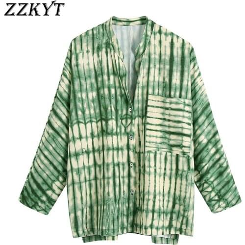 ZZKYT 2021 Women Autumn Fashion Green Print Pockets Cotton Blouses Vintage O-Neck Long Sleeve Button Female Shirt Casual Tops
