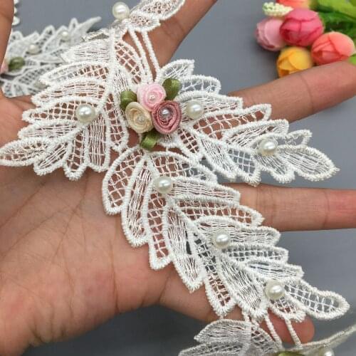 5x Colorful Pearl Beaded Rose Flower Apricot Leaves Embroidered Net Lace Trim Ribbon Fabric Handmade Wedding Dress Sewing Craft