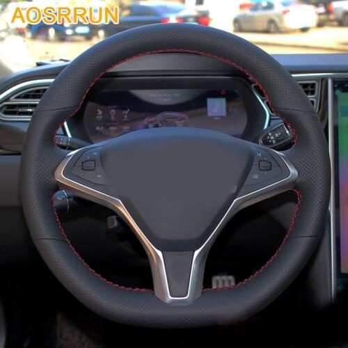 AOSRRUN Car accessories Leather Hand-stitched Car Steering Wheel Covers For Tesla Model S X 2015 2016
