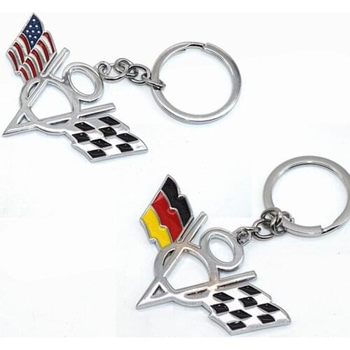 5 Pieces Chrome Metal Germany Flags V8 Car Key Rings Key Chain Stickers Metal V8 USA Flag Keychains keyring Stylings Car Key