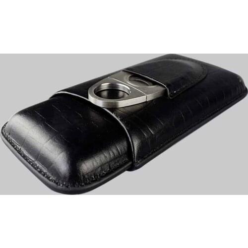 COHIBA 160mm*53 Black Leather Croco Embossed 3 Tube Cigar Holder Case Cutter