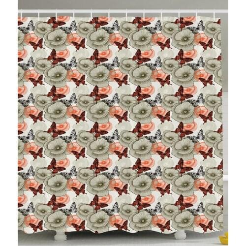 Butterfly Decor Shower Curtain Blooming Poppies and Butterflies Vintage Bath Curtains For Bathroom Bathtub
