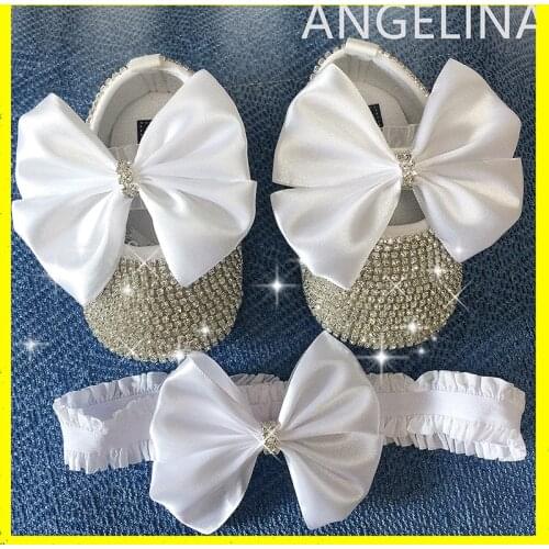 Kids shoesbowknot Custom Sparkle Bling crystals Rhinestones Baby girls shoes infant ribbon Princess shoes First Walkers hairband