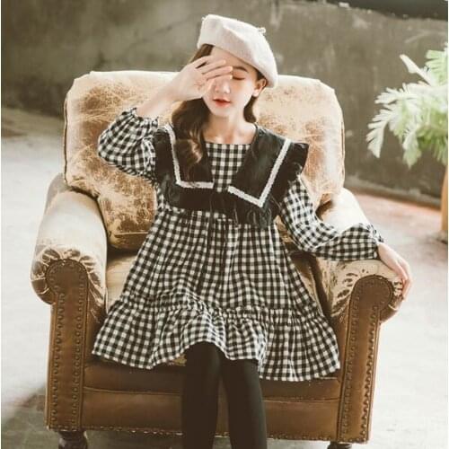 Girls Dress Spring New Big Girl Plaid Cotton Long Sleeve Princess Dresses Children Dress Kids Clothing Dresses For 4-14Year