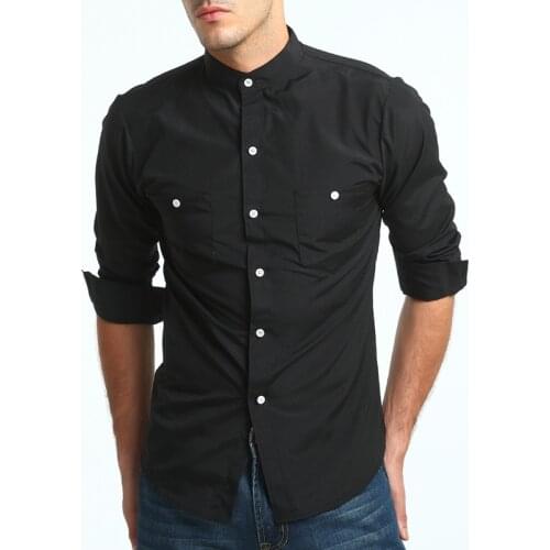 Mens Shirt Long Sleeve Stand Collar Solid Color Cardigan Shirt Casual Single-Breasted Slim Type Tops