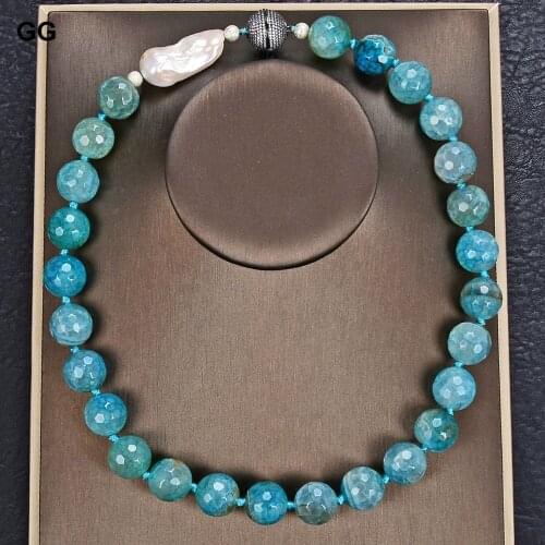 GuaiGuai Jewelry 19" 16mm Blue Agate Gems Stone White Keshi Pearl Necklace