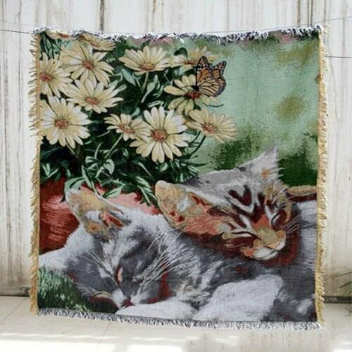 Exquisite Anti-slip Sofa Blanket Cover Table Cloth European Pastoral Home Decorative Artistic 2 Sleeping Cats Tassel Tapestry