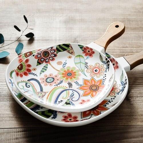 Ceramic Steak Dinner Plate with Wooden Handle Nordic Breakfast Tray Cutlery Salad Western Plates Can Hang Home Dishes