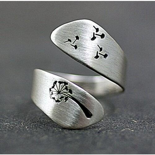 Retro Female Plated Silver Color Hand-brushed Winding Ring Mountain Forest Dandelion Ring Gift For Women