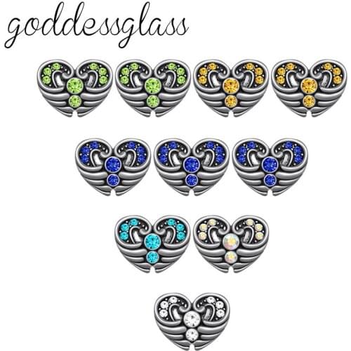 Beauty 10pcs mixed Heart Rhinestones wings pattern 12mm snap buttons fit 12mm snap bracelet jewelry wholesale KZ9113