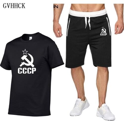 Fashion CCCP T Shirts new tracksuit men Two Piece short pant+t-shirts summer cool Suit Male USSR Soviet Union KGB T-Shirt Suit