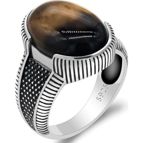 Men Agate Ring 925 Sterling Silver Vintage Big Oval Natutal Stone Rings Turkish Handmade Antique Silver Jewelry to Male Gift