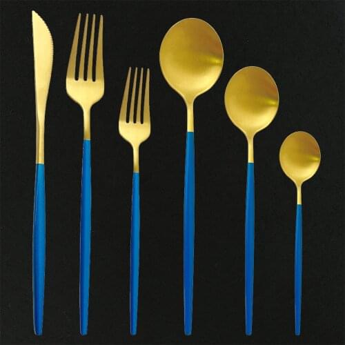 6Set Blue Gold Cutlery Set Stainless Steel Dinnerware Knife Dessert Fork Spoon Dinner Silverware Kitchen Party Tableware Set