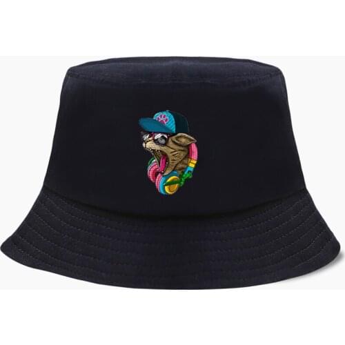 Funny DJ Cat Rock Music Punk Bob Bucket Hats Summer Mens Panama Women Fisherman Hat Cotton Korean Black Caps Hip Hop Beach Cap