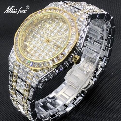 Montre Homme Luxe MISSFOX Luxury Baguette Designer Mens Watch With Wide Strap Royal Diamond Dropshipping Hand Clock For Men