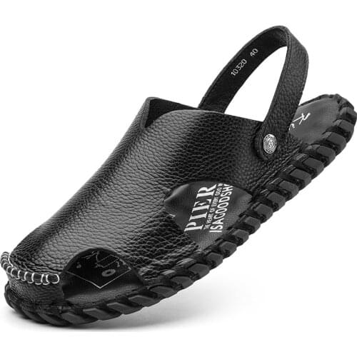 Summer Beach Walking Mens Casual Sandals Back Strap with Rivet Shoes Man Slippers Hand Sewing Genuine Leather Mens Sandals