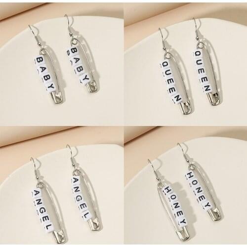 Fashion Paperclip BABY ANGEL Letters Dice Earring Hooks Silver Color Safety Pin Dangle Earrings for Women 2021 Punk Jewelry Gift