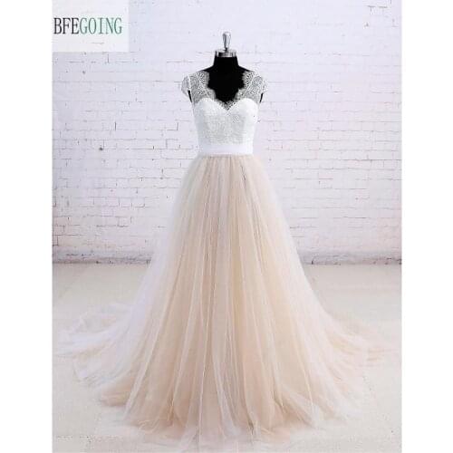 Ivory Lace Champagne Skirt A-line Wedding Dress Court Train V-Neck Cap Sleeves Real/Original Photos Custom made