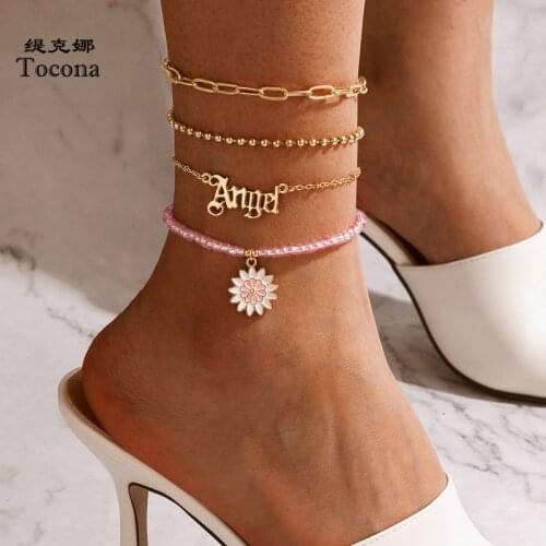 Tocona 4pcs/sets Bohemian Flowers Foot Chain Angle Letter Bead Anklets for Women Charms Hollow Geometric Summber Jewelry 18115