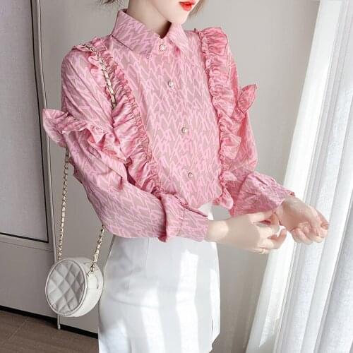 Women French Style Blouse Retro 2021 Spring Geometric Print Turn-Down Collar Fungus Lantern Sleeve Lapel All-match Female Tops