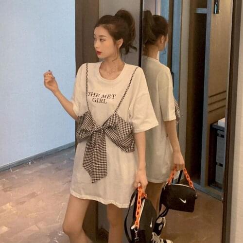 2021 Summer New T-shirt Women Short-sleeved Loose Fake Two-piece Streetwear Women Top Oversized T Shirt Kawaii Clothes Fashion