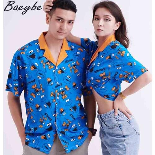 2021 Womens Summer Blouses Man Hawaii Shirt Blue Cartoon Print Shirts Unisex Couple Short Sleeve Clothing Sexy Streetwear