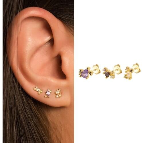 Aide Colored Zircon Earrings For Women Girl 3PCS/Set Stud Earring S925 Sterling Silver Small Piercing Engagement gift Jewelry