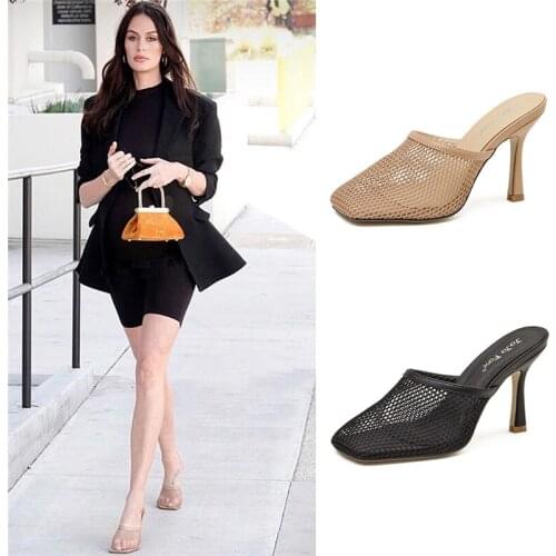 Fashion Square Toe Lace Ladies Slides Shoes Sexy Thin Small Heels Sandals Shoes Woman Large Size 35-41 Women High Heels Slippers