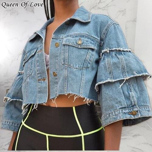 Plus Size 3XL Women Short denim coat 2020 Fashion Elegant Casual Sweet Flare three quarter Sleeve oversized Outerwear Coats