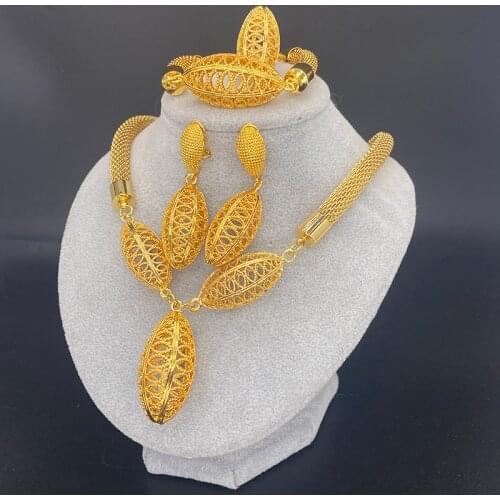 Gold Necklace Bracelet Earrings Ring for Women 24k Dubai Jewelry Sets Nigerian Ethiopian Wedding Gifts African Collar
