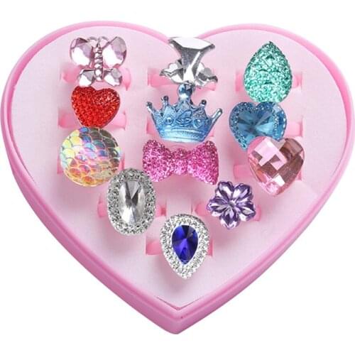 12PCS/SET Fashionable Resin Cartoon Rings Children Rings For Girls Ring Set Finger Rings Jewelry Display Box Kids Toy Gift