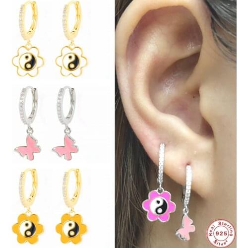 GS 925 Sterling Silver Fashion Yin Yang Pattern Pendant Dangle Earrings 2021 Trend Pink Enamel Butterfly Charm Drop Earrings