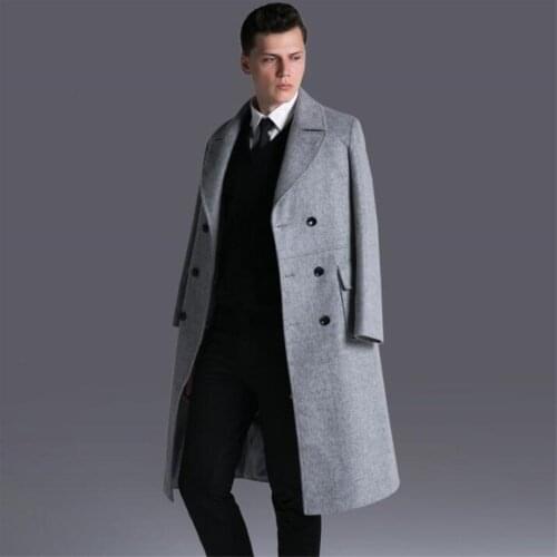 Spring autumn woolen coat men casual grey double-breasted trench coats long sleeves overcoat mens cashmere coat england