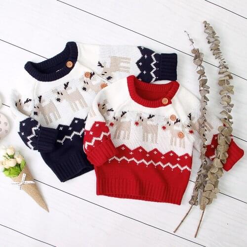 Baby Girls Boys Children Christmas Sweater Round Neck Long Sleeve Loose Sweater with Elk Pattern for Spring and Winter