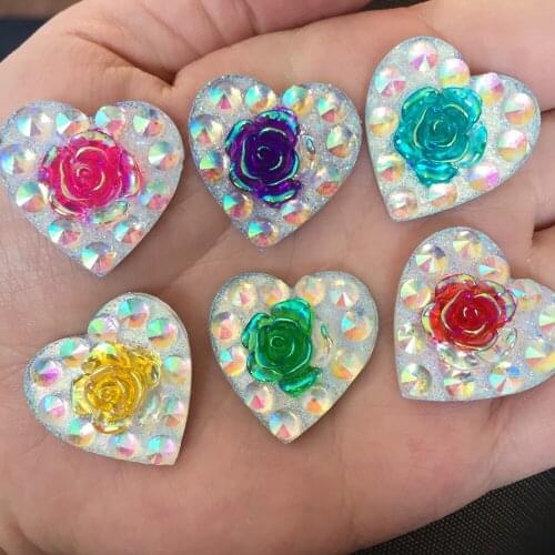 DIY 12PCS 24mm AB Resin Heart Shape Rose Rhinestone Flatback Wedding Diy Buttons D79A