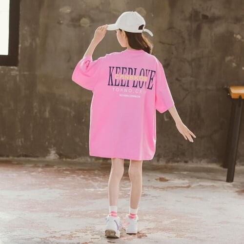 10 12 years Kids Girls Short Sleeve Pink Long T-shirt Summer Oversize 2021 New Teen Girls Tops