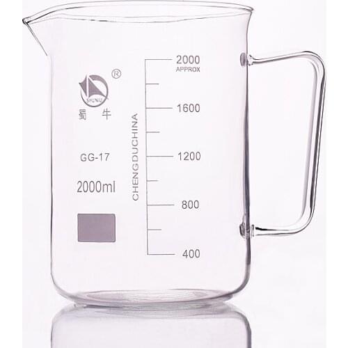 With handle beaker in low form,Capacity 2000ml,Outer diameter=134mm,Height=196mm,Laboratory beaker with handle