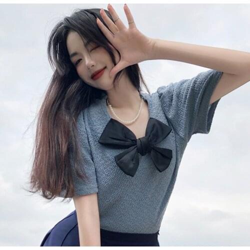 Woman Tshirts Bowknot Short-sleeved T-shirt Female Design Sense Summer New All-match Loose Korean Top