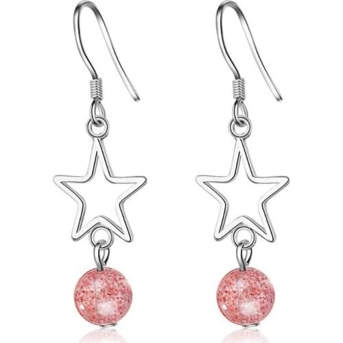 KOFSAC New 925 Sterling Silver Earrings Girl Fashion Jewelry Cute Crystal Pink Bead Hollow Star Earrings Lady Anniversary Gifts
