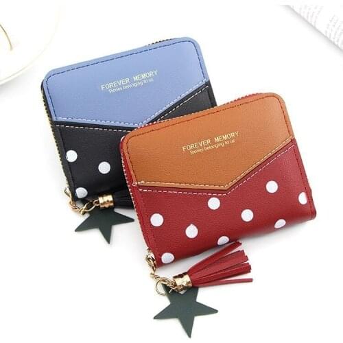 Women Short Wallet Zipper Ladies Purse Polka Dot Coin Change Pocket Tassles Money Bag Letter Print Patchwork Handbag Cute Bags
