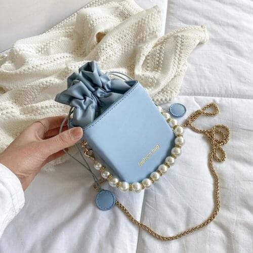 Summer New Bucket Bag Leather Shoulder Bags for Women 2021 Drawstring Beaded Female Summer Travel Crossbody Bag Sac Epaule