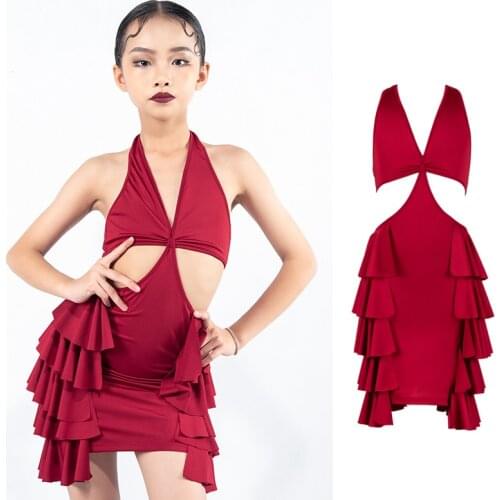 Red Latin Dance Dress Girls Designer Clothes Salsa Dancing Outfit Samba Dancewear Ballroom Practice Wear Stage Costume JL2822